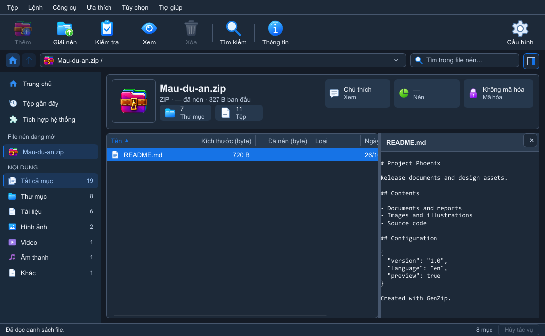 GenZip đang duyệt nội dung một tệp nén